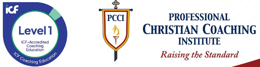 ICF Level 1 accredited coaching education badge, PCCI crest, and Professional Christian Coaching Institute branding.